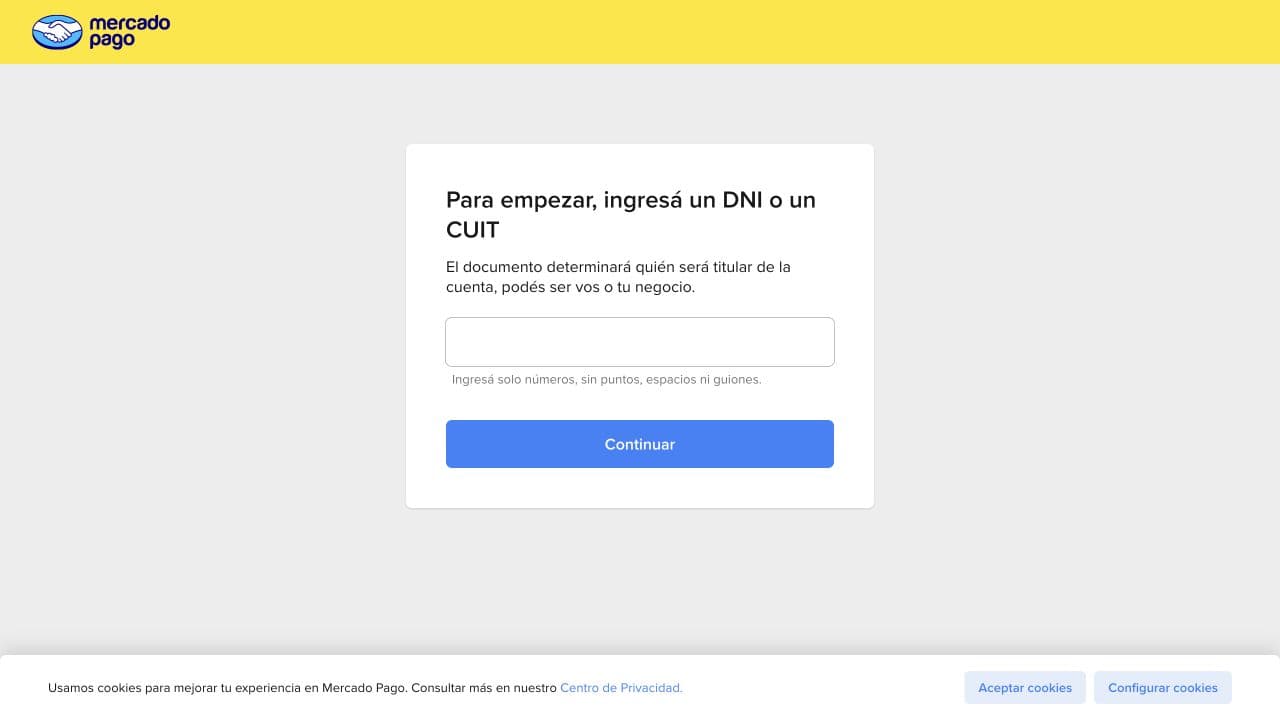 Mercado Pago Argentina registration screen asking for a DNI or CUIT, captured on 21 September 2026.